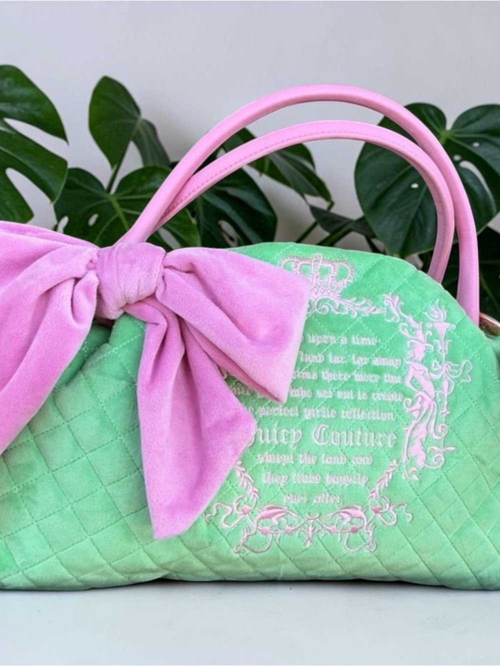 Juicy Couture Juicy Tale Retro Green Quilted Tote with Pink Bow Accent